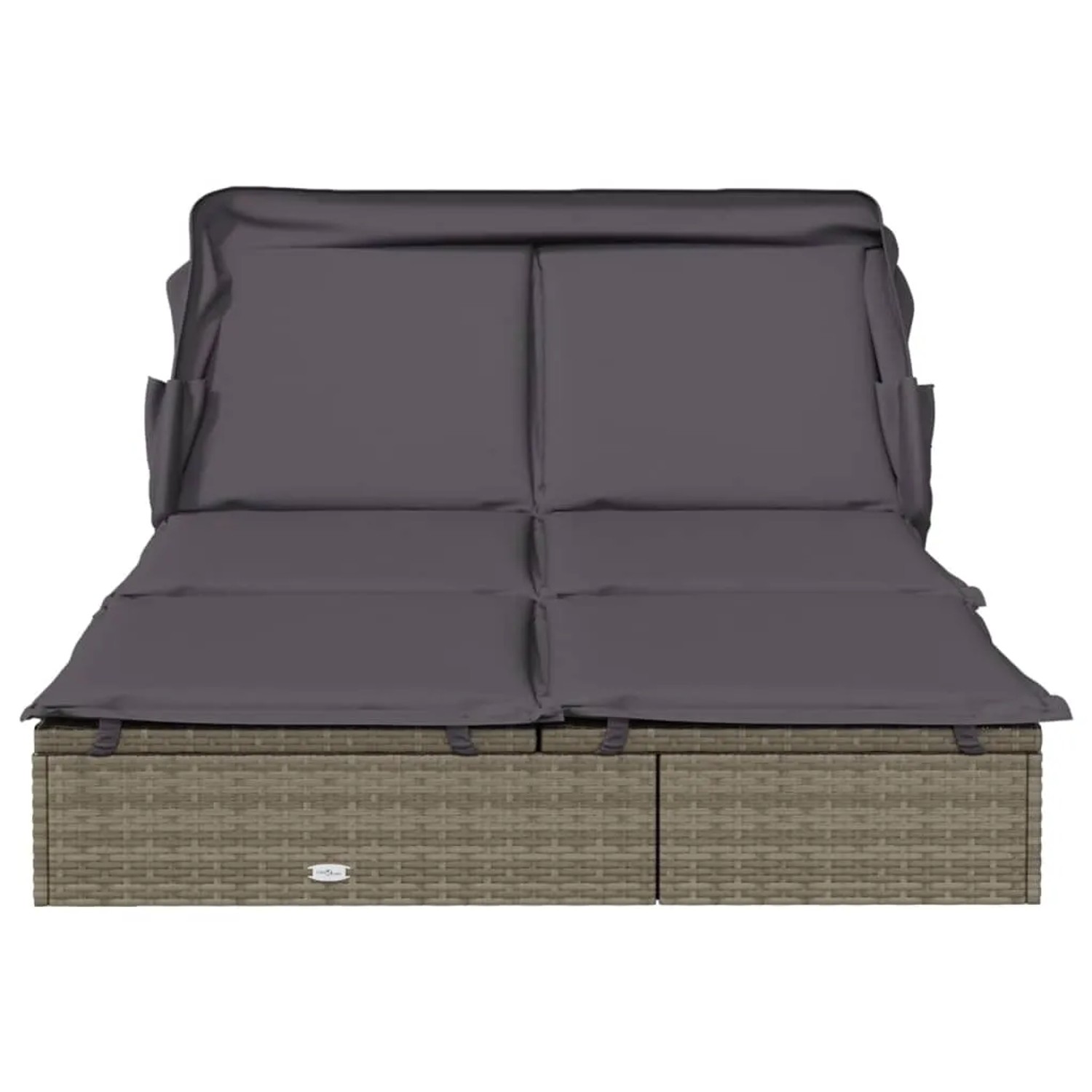 Graue 2-Personen-Sonnenliege mit Dach aus Poly Rattan, verstellbar für optimalen Komfort.