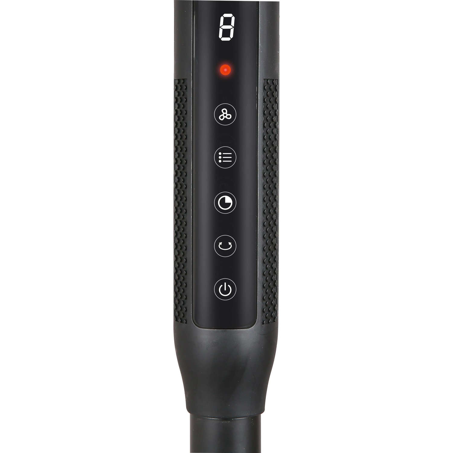 Detailaufnahme des Bedienfelds vom schwarzen Standventilator Silent mit verschiedenen Funktionsknöpfen.