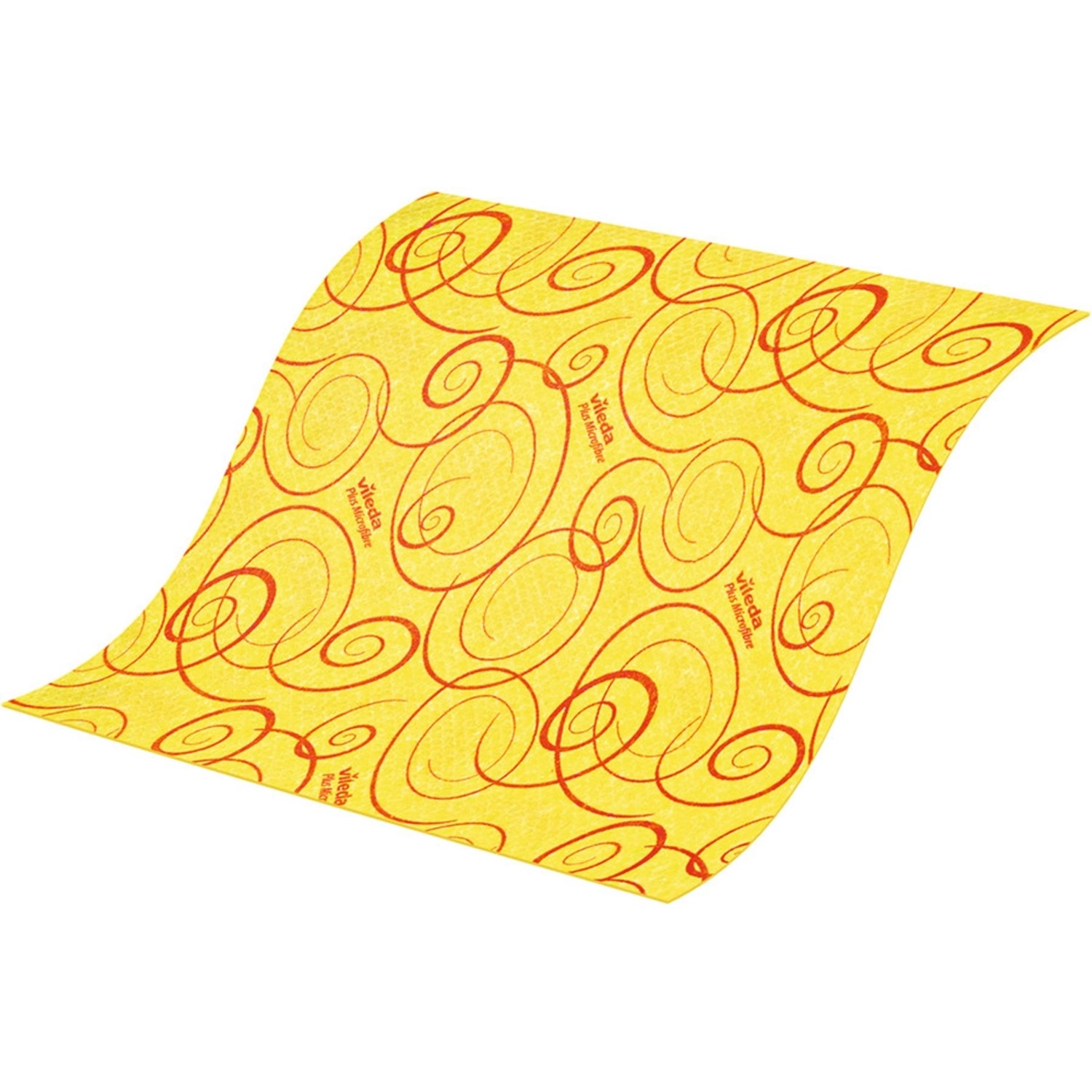 Gelbes Vileda Allzwecktuch "Das Wischtuch" mit rotem Wirbelmuster, 6er-Pack.