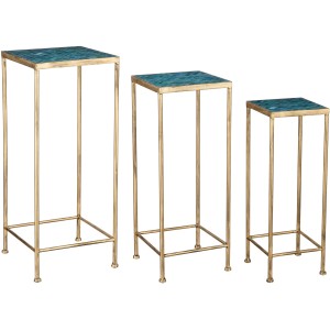 Mica Decorations Athena Beistelltische, 3er Set, blau-grüne Mosaikplatte, goldfarbenes Metallgestell.