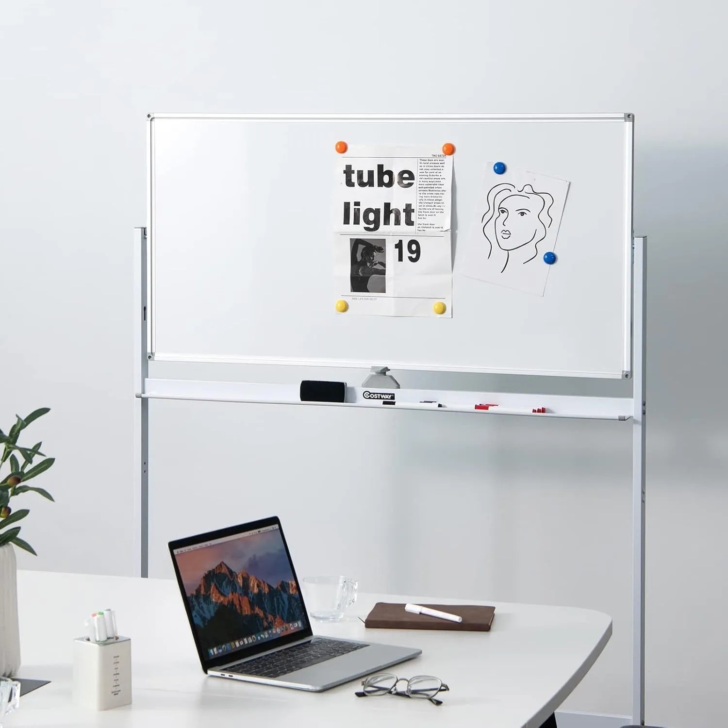 Costway Mobiles Whiteboard mit Ständer & Rollen Weiß 120 x 60 cm_2