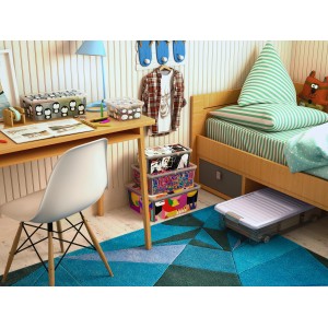 Aufbewahrungsbox W flach Blueberry mit Rollen unter Bett und gestapelt im Kinderzimmer.