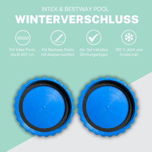 Poolomio Winterverschluss-Set für Intex & Bestway Pools: 2 blaue Verschlusskappen mit Dichtungsringen.