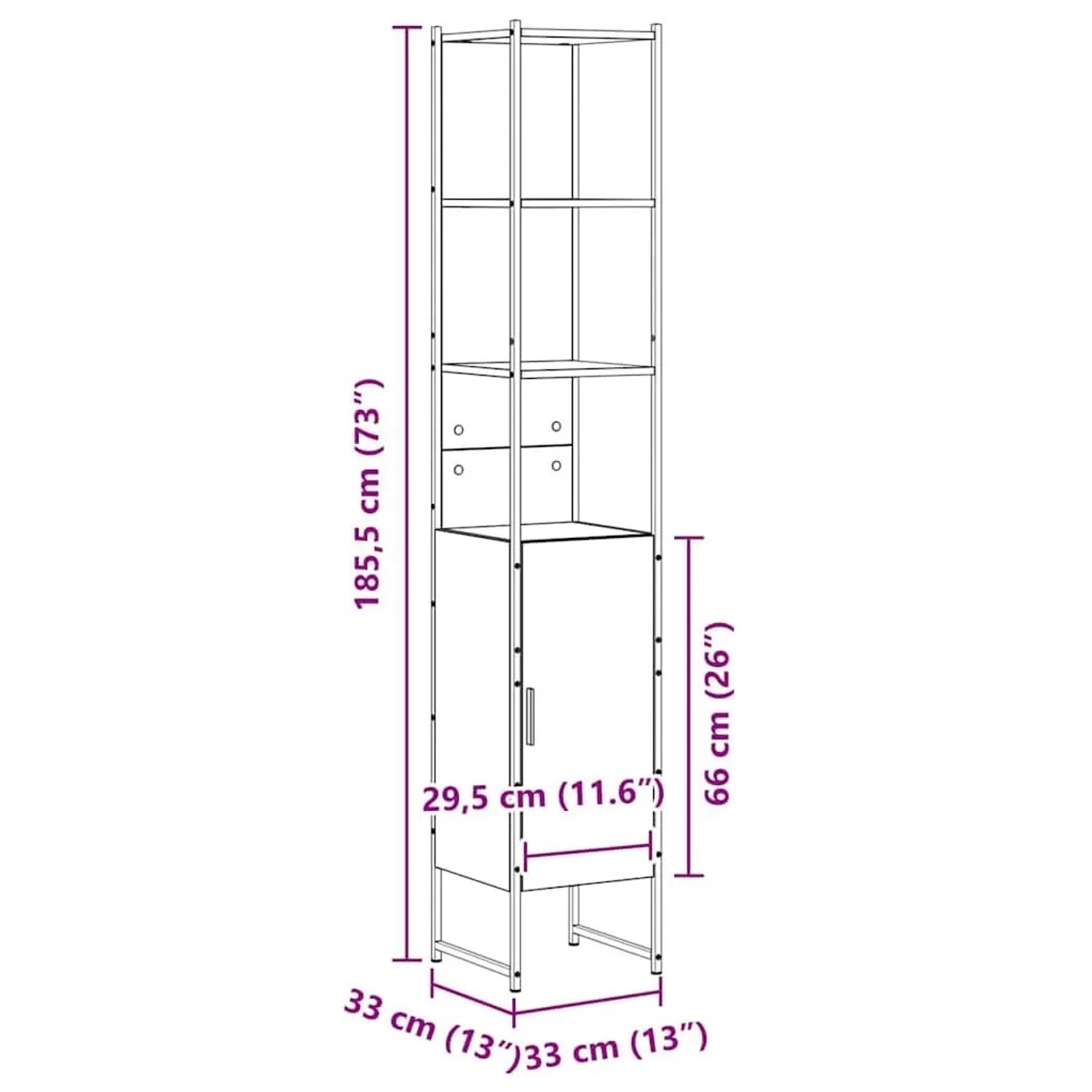 vidaXL Bad-Hochschrank Sonoma, 33x33x185,5 cm. Hoher Schrank mit offenen Regalen und Tür aus Holzwerkstoff & Stahl.