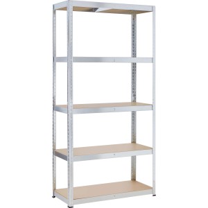 Silbernes OBI Metall-Schwerlast-Steckregal, verzinkt, mit 5 hellbraunen MDF-Böden. Für Keller, Garage. 180x90x40 cm.