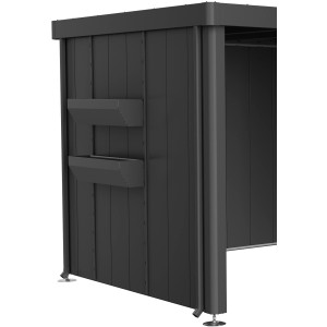 Biohort FloraBoard für Neo Gerätehaus in Dunkelgrau-Metallic mit zwei Blumenkästen.