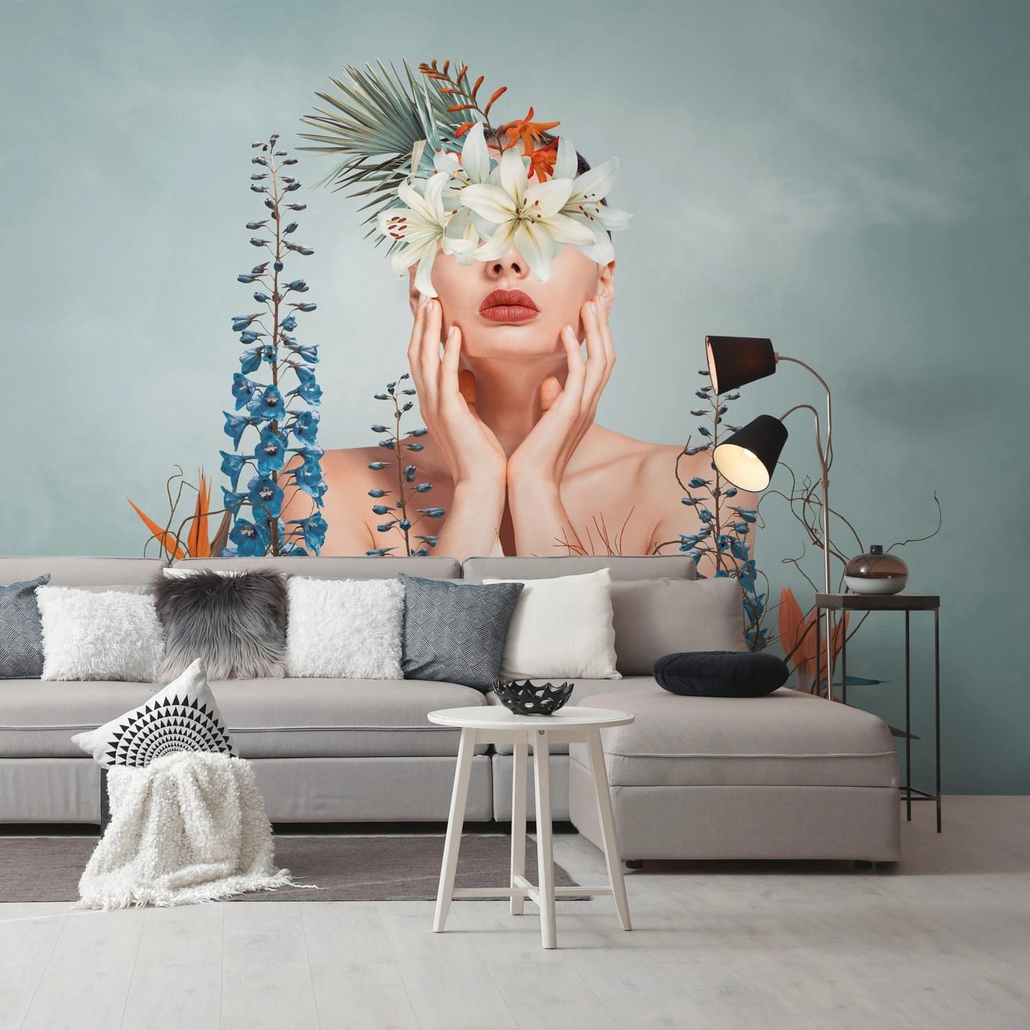 PROFHOME 399111-GU Fototapete Blumen Matt Blau Beige Grün Orange 3,71 m x 2 günstig online kaufen