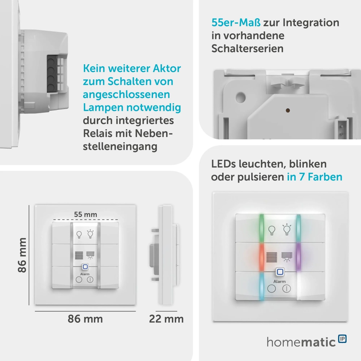 Homematic IP Wandtaster 6-fach, weiß, mit farbigen Status-LEDs. Smart Home Schalter im 55mm Standardmaß.
