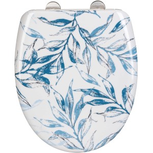 Wenko WC-Sitz Catala, weiß-blau mit Blätter-Design und Absenkautomatik.
