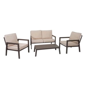 MCW Gartenmöbel Garnitur L64, 4-teilig: 2 Sessel, 1 Sofa, Tisch. Dunkles Gestell, cremeweiße Polster.