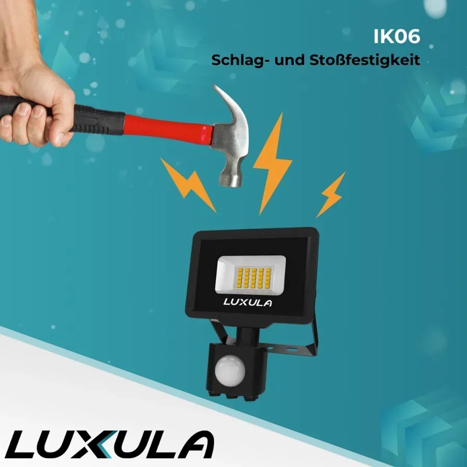 Schlagfester LUXULA LED Fluter 20W mit Bewegungsmelder, getestet mit Hammer.