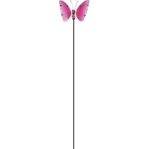 Gartenstecker Schmetterling in Pink, 95 cm hoch, aus Metall und Glas für die Gartendekoration.