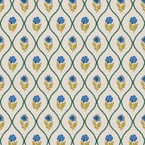 Mehrfarbige Joules Vliestapete Trellis Floral mit floralem Muster und grünen Ranken.