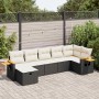 Schwarze 7-tlg. vidaXL Garten-Sofagarnitur aus Poly Rattan mit cremeweißen Kissen.