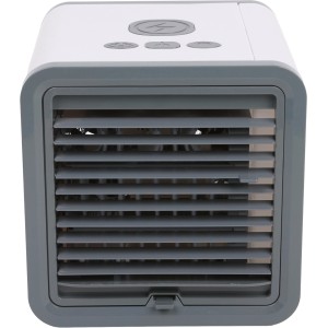 Kompakter, weiß-grauer Mini Luftkühler (5 W) mit Bedienfeld und Lüftungsgitter.