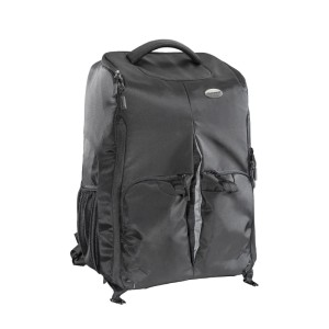 Schwarzer Mantona Universal Drohnen- & Kamerarucksack mit vielen Fächern, Tragegriff und verstellbarem System.