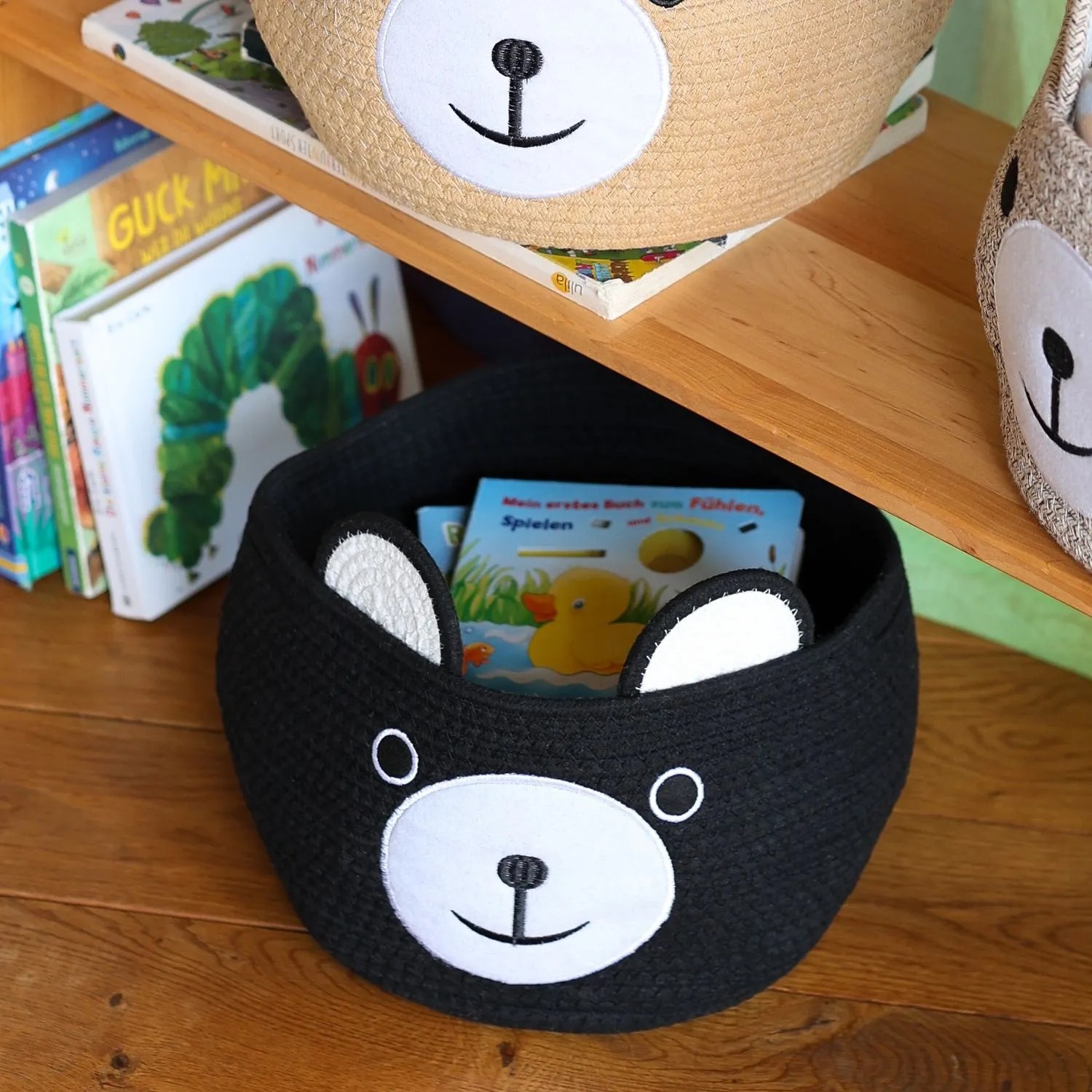 HMF 39021-30CM-02 Aufbewahrungskorb Versteckten Griffen Korb Kinderzimmer Baumwolle Bär 30 x 24 cm Schwarz_6