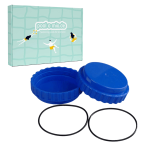 Poolomio Winterverschluss Set für Intex/Bestway Pools (vor 2021) mit blauen Verschlusskappen und Dichtungen.
