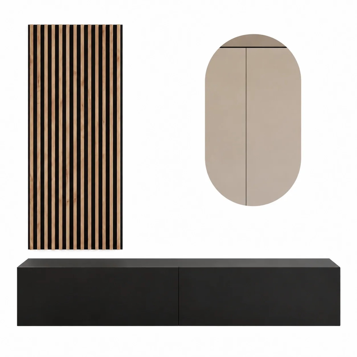 Planetmöbel Flurgarderobe Set 160 cm Schwarz mit Wandpaneel und Spiegel ohne LED Beleuchtung