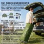 Mann lädt grünes Furnicato Campingzelt Set mit Feldbett und Luftmatratze in rollbarer Tragetasche ins Auto. 20,5 kg.