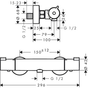 Technische Zeichnung des Hansgrohe MyFox Duschthermostats Aufputz in Chrom mit Maßangaben.