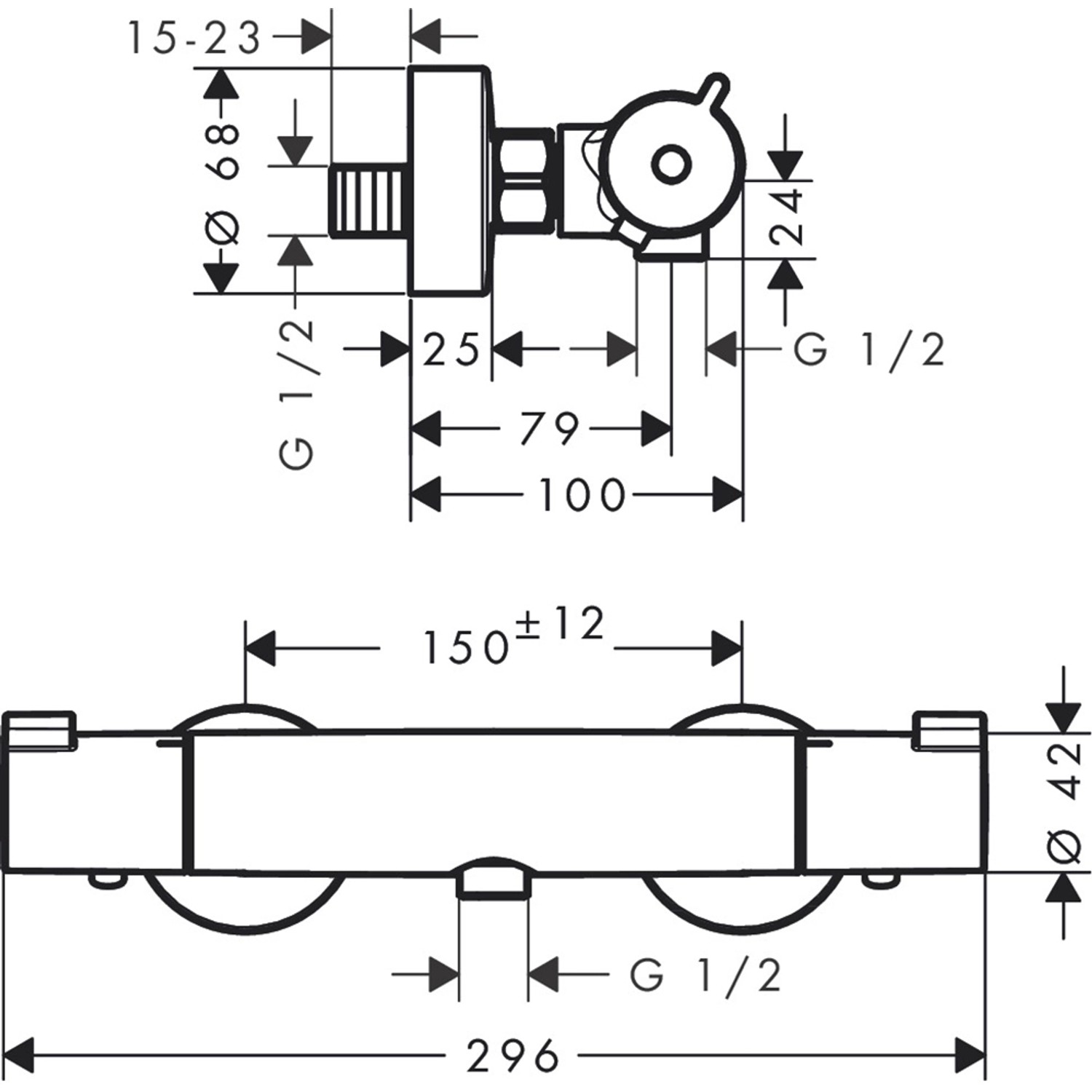 Technische Zeichnung des Hansgrohe MyFox Duschthermostats Aufputz in Chrom mit Maßangaben.