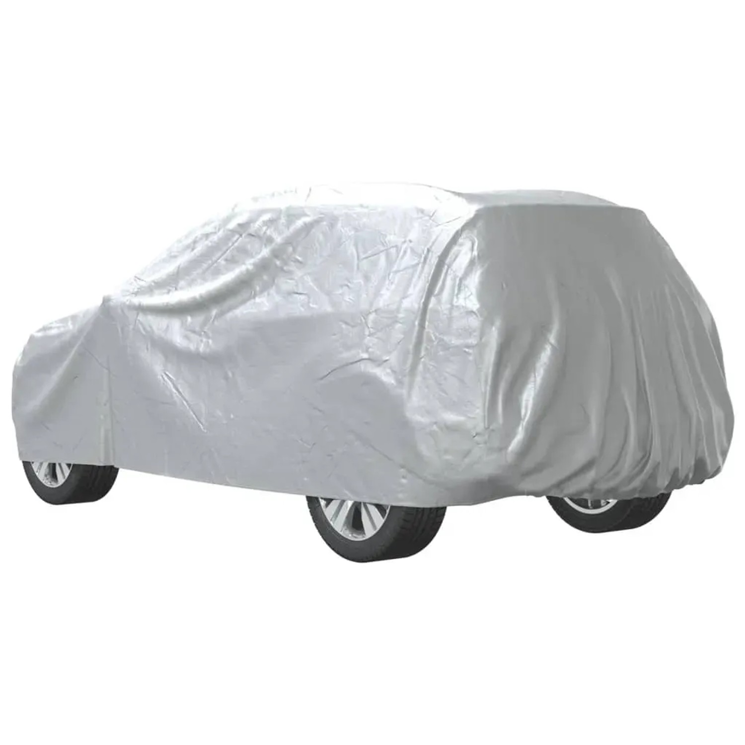 Silberne Autoabdeckung für SUV, Größe XL, schützt vor Witterungseinflüssen und UV-Strahlen.