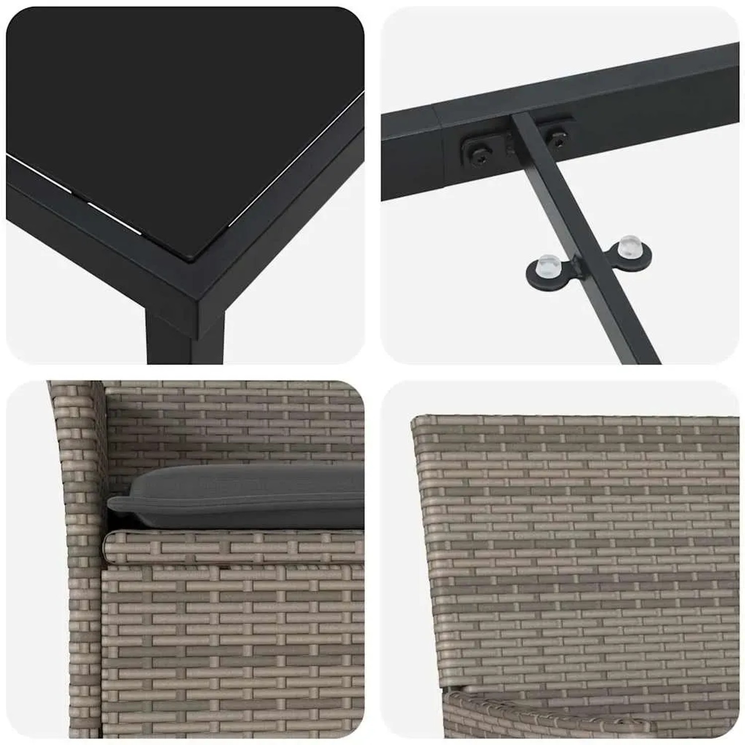 Detailansicht: vidaXL Garten Essgruppe, 7-tlg., grau, Poly Rattan, Tischplatte aus Glas, Stuhl mit Kissen.