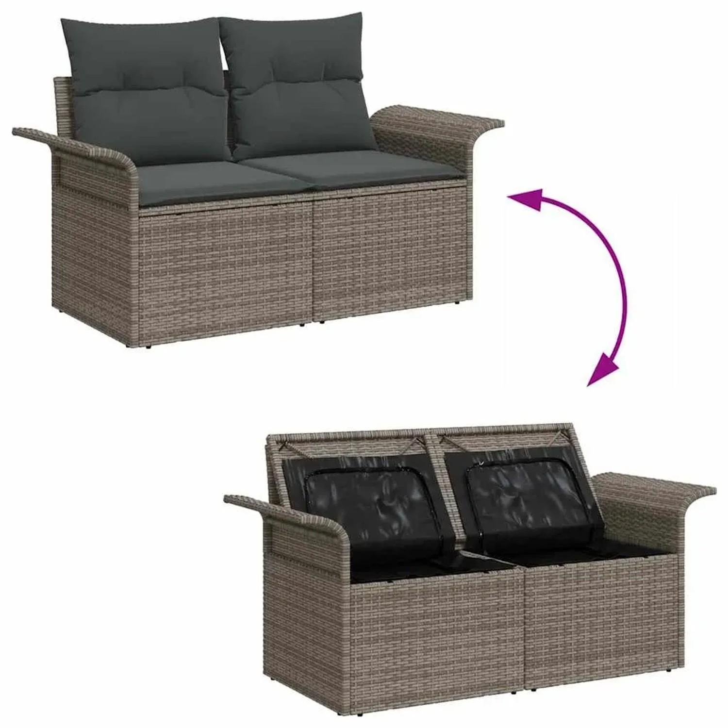 Graues 4-tlg. Garten-Sofa-Set aus Rattan mit Kissen und Stauraum.