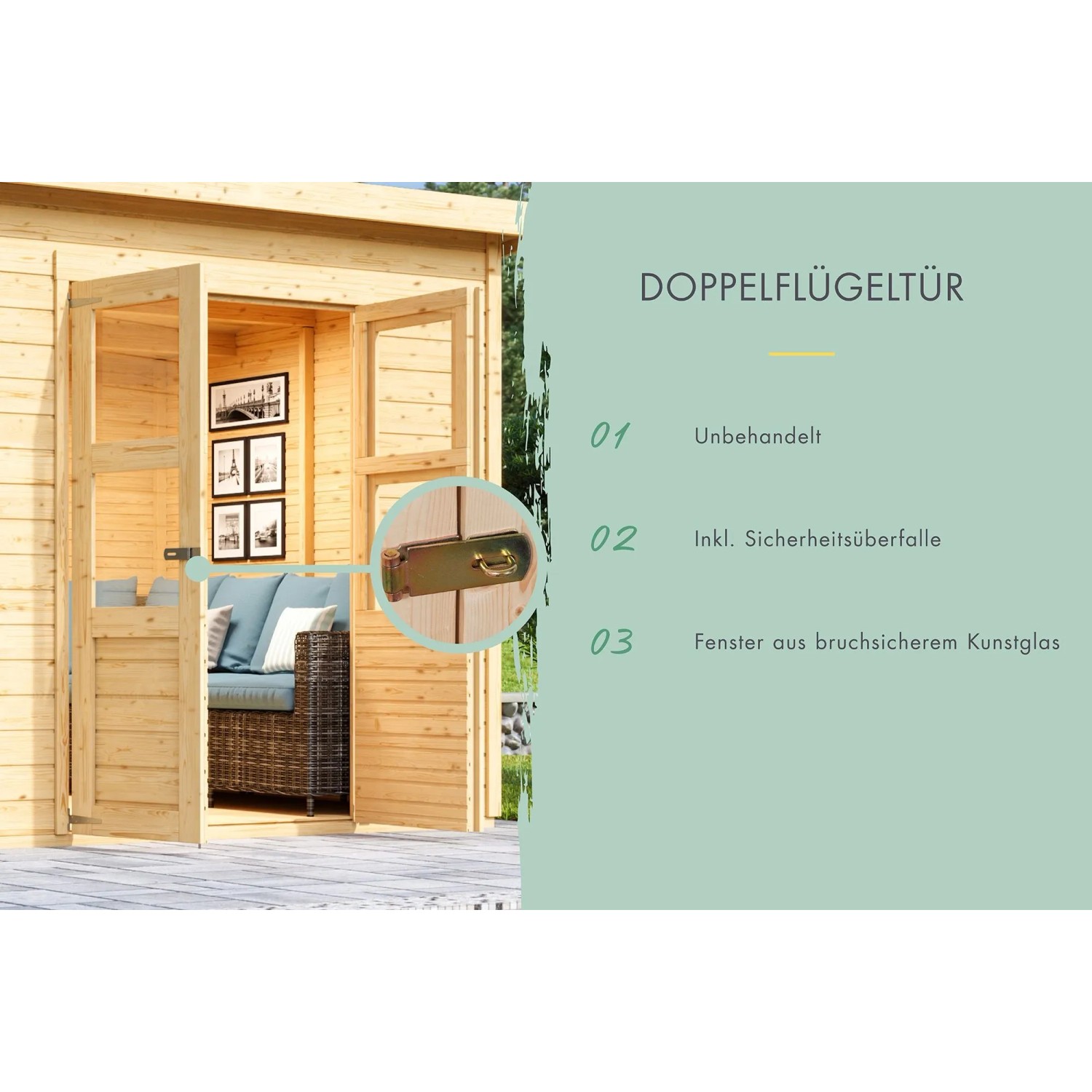 Karibu Gartenhaus Neuenburg 0: Detailansicht der Doppelflügeltür mit Sicherheitsüberfalle.