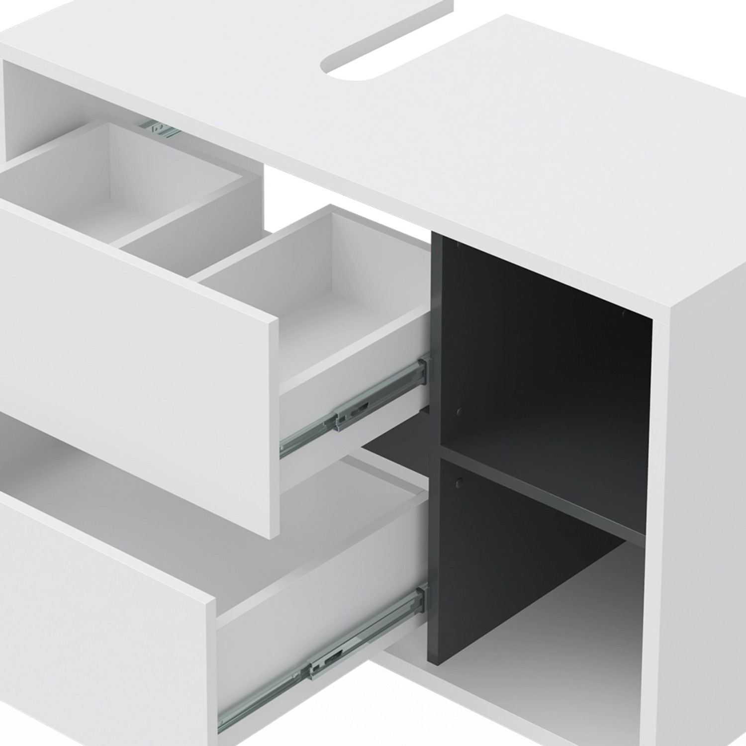 Weißer Vicco Waschbeckenunterschrank Viola (100x60 cm) mit offenen Schubladen und Ablagefächern.