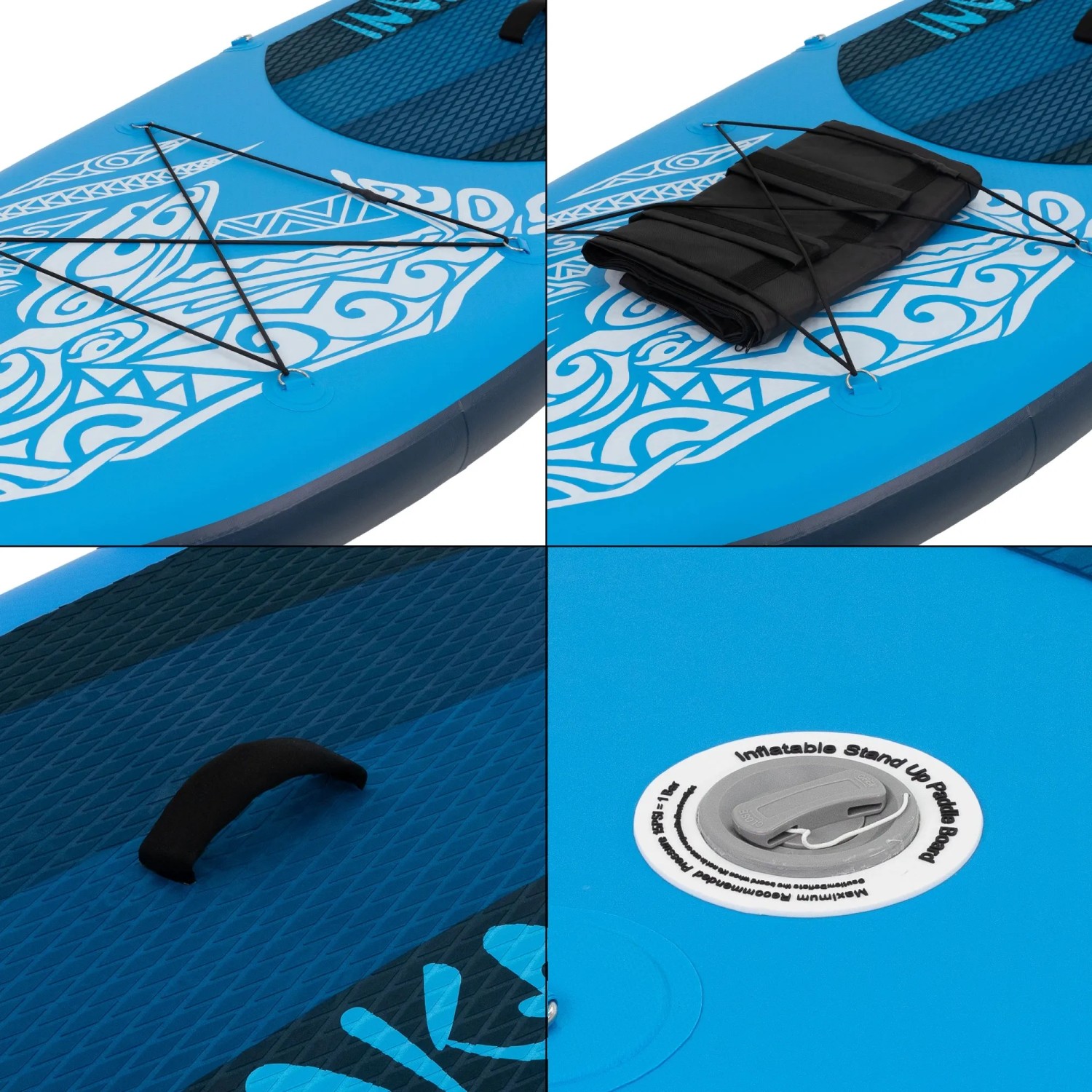 Blaues ECD Germany Stand Up Paddle Board Makani, Details: Gepäcknetz, Tragegriff, Ventil.