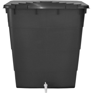 Eckige, anthrazitfarbene Regentonne mit Deckel und Hahn, 300 l Fassungsvermögen.