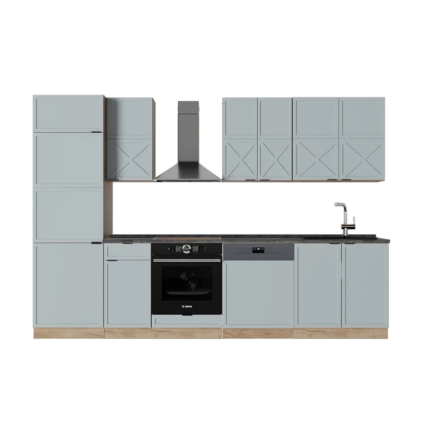 Vicco Fame-Line Küchenzeile Hellblau-grau/Goldkraft Eiche 300 cm AP Anthrazit ohne E-Geräte