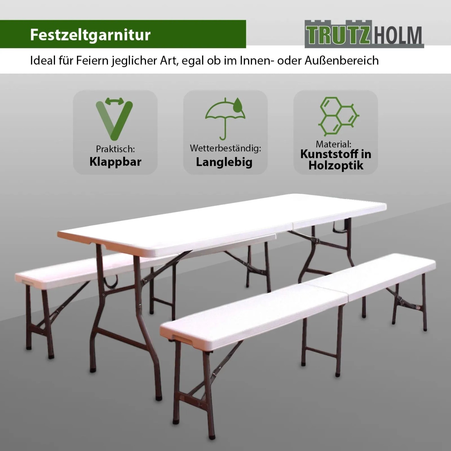 TRUTZHOLM Bierzeltgarnitur 3 Teilig 180x75cm 2 Bierbänke 1 Tisch Klappbar Weiß
