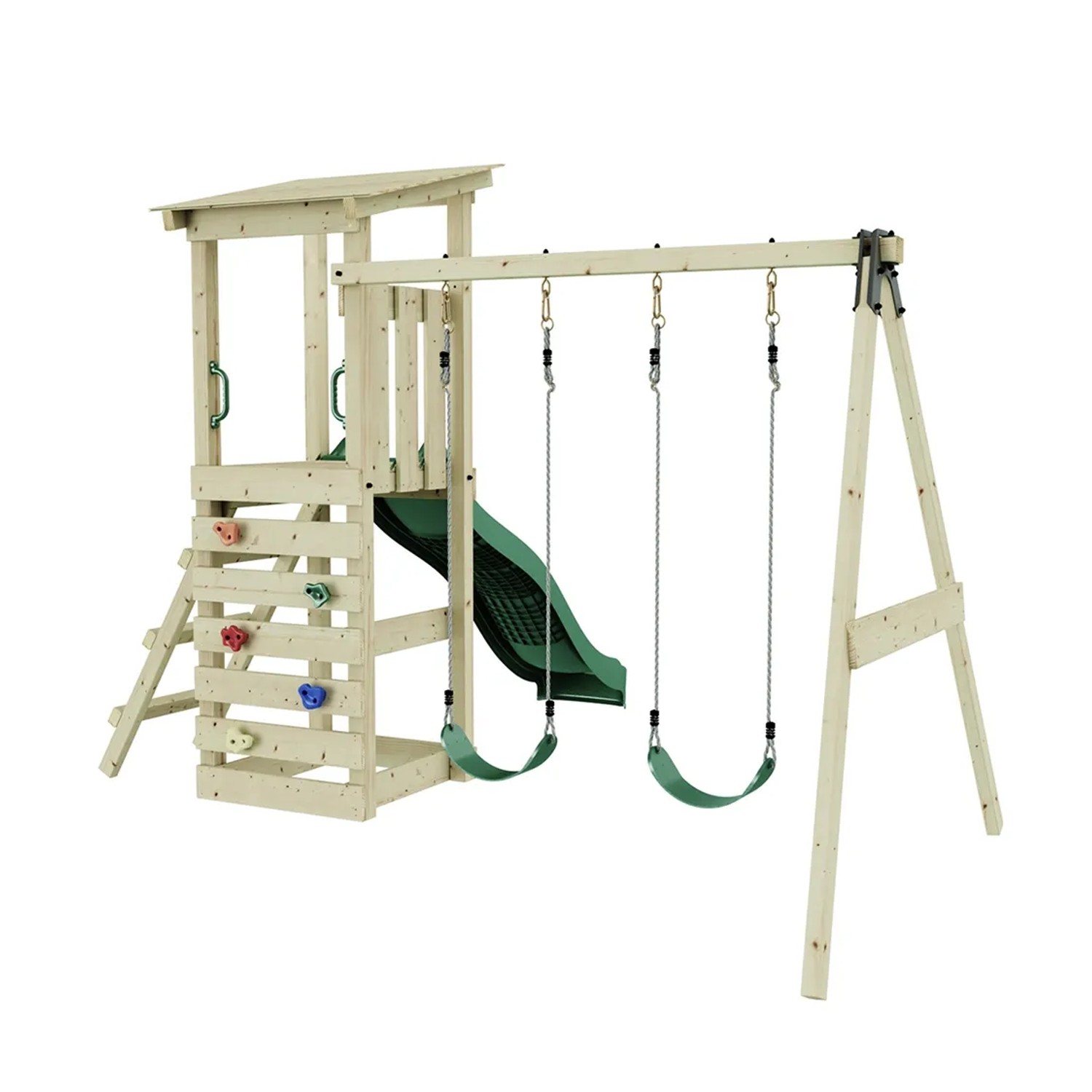 Rebo Spielturm Neapel Natur mit Rutsche, Kletterwand und Doppelschaukel für Kinder.
