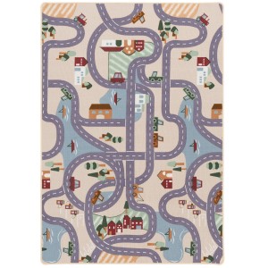 Beiger Kinder Spielteppich 160x240cm mit Straßen, Häusern und Autos.