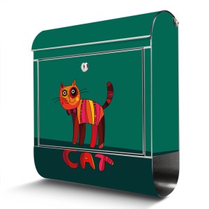 Edelstahl Briefkasten mit Katzen Motiv und Zeitungsfach, rostfrei, grüne Farbe.