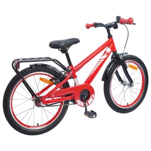 Rotes Kinderfahrrad 20 Zoll mit schwarzem Gepäckträger, Schutzblechen und Klingel. Für 6-11 Jahre.