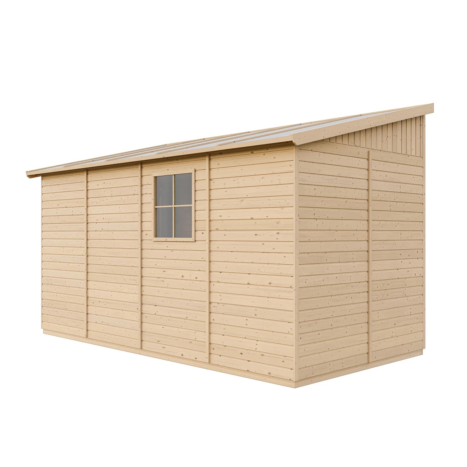 Timbela Anbau-Gartenhaus aus Holz, 8 m², mit Seitenwand, Boden und Fenster.