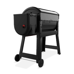 Schwarzer Weber Holzpelletgrill Smoque XL mit Deckel und Untergestell.