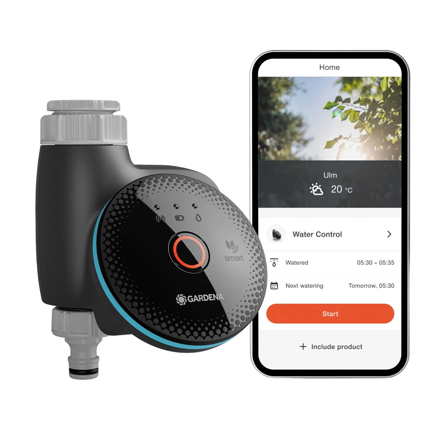 Gardena Smart Water Control Bewässerungscomputer mit App-Steuerung und Smartphone im Bild.