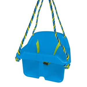 Blaue Happy People Babyschaukel aus Kunststoff mit gelb-blau-weißen Seilen.