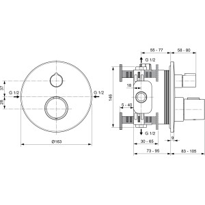 Technische Zeichnung: Ideal Standard Ceratherm T100 Unterputz Thermostat mit Maßangaben.