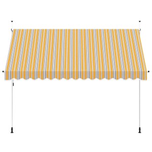 Einziehbare Markise 350 cm, gelb-blau gestreift, handbetrieben. Ideal als Sonnenschutz für Terrasse oder Balkon.