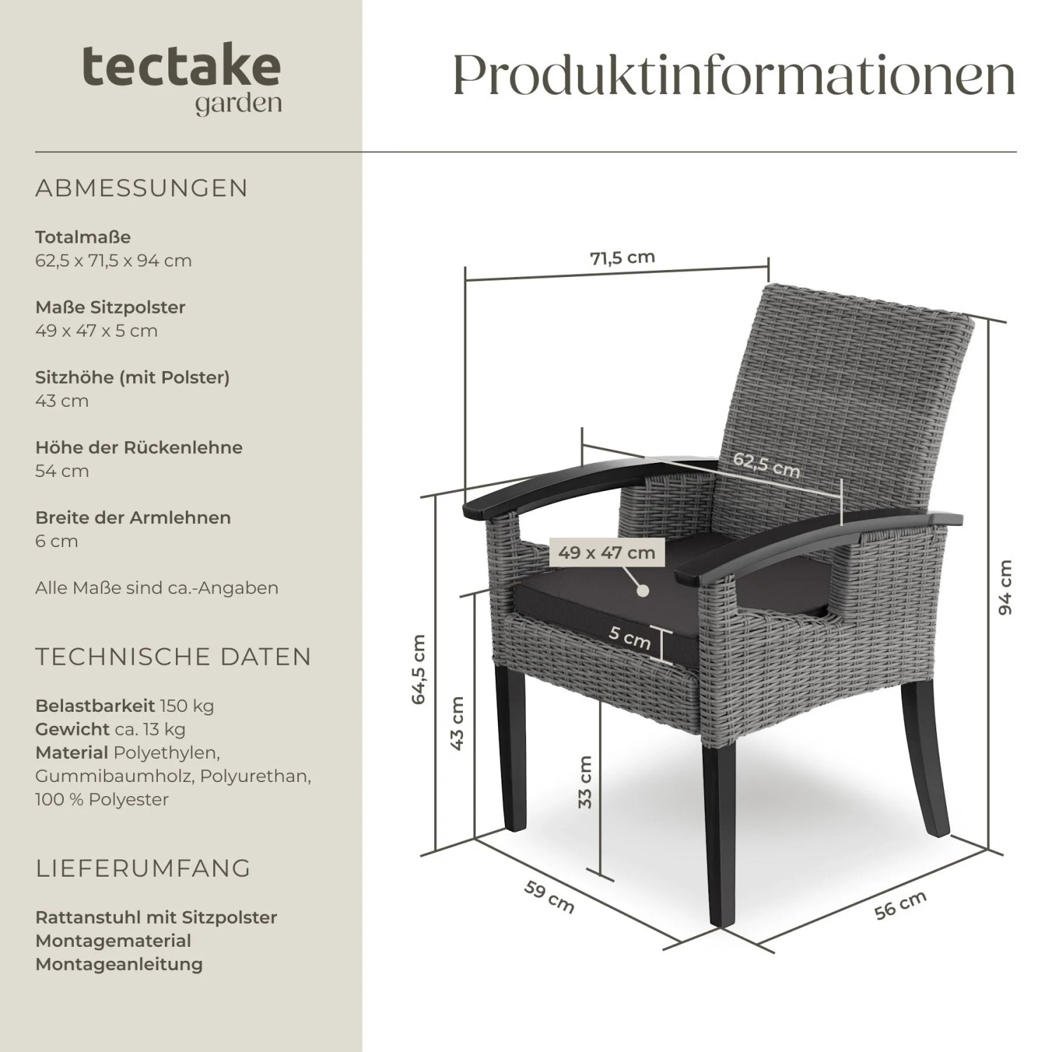 Grauer Tectake Rattan Gartenstuhl Rosarno mit dunklem Holzgestell, Armlehnen und schwarzem Sitzpolster.