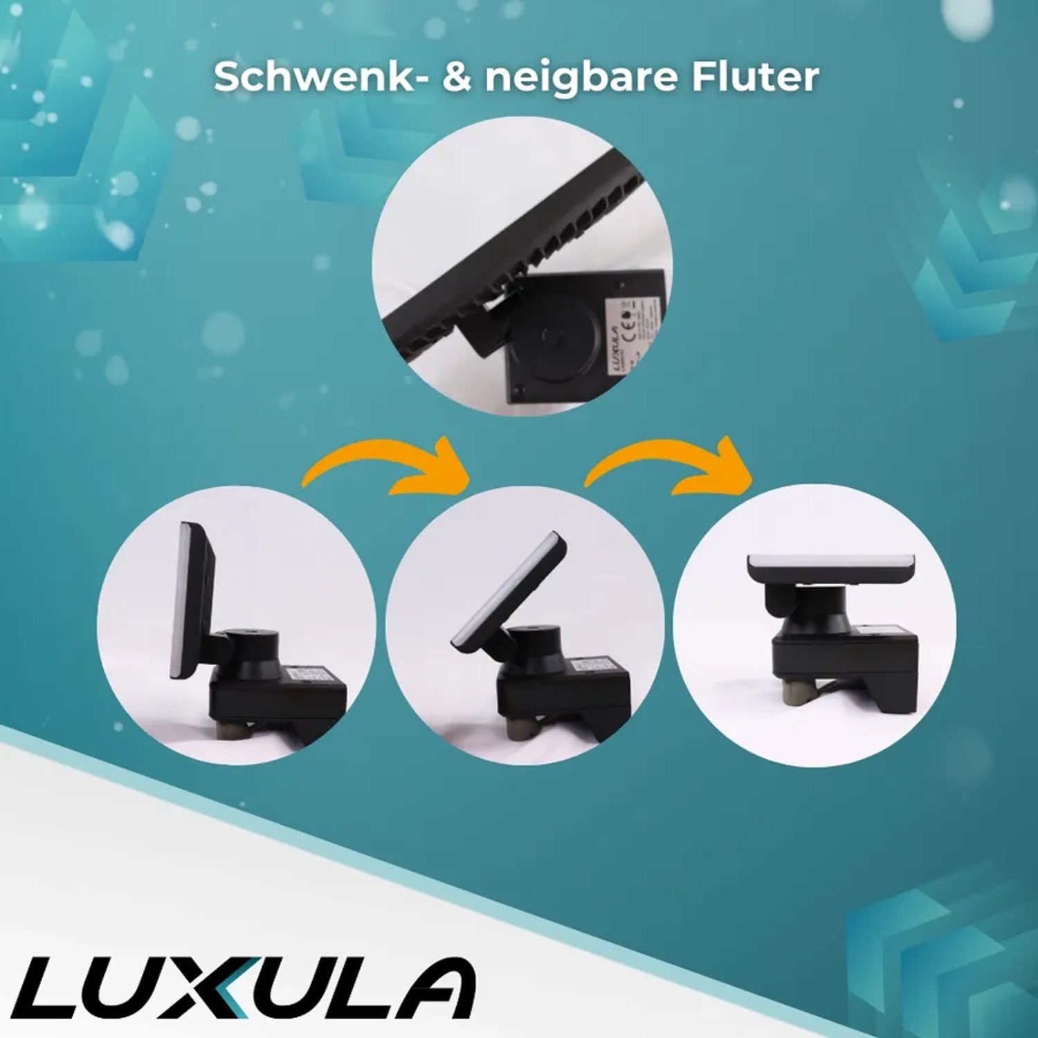LUXULA LED Strahler Fluter mit Bewegungsmelder, verschiedene Neigungswinkel dargestellt.