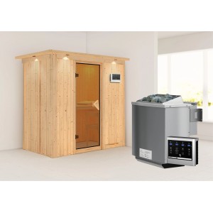 Karibu Sauna Vera mit Bio-Ofen, bronzierter Glastür und LED-Dachkranz.