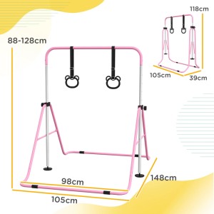 Rosa HOMCOM Kinderturnstange aus Stahl, höhenverstellbar, mit Turnringen. Klappbares Design für Sport & Fitness.