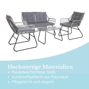 Hellgraues 4-tlg. Svita Capri Balkonmöbel-Set aus Polyrattan: Bank, 2 Stühle, Glastisch, dunkle Kissen. Outdoor.